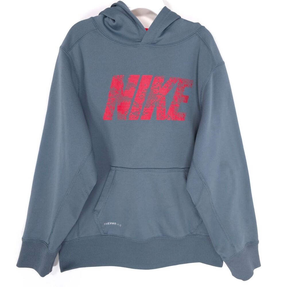 NIKE Kids Boys Hoodie MEDIUM Gray THERMA FIT Graphic Pullover 546159-477